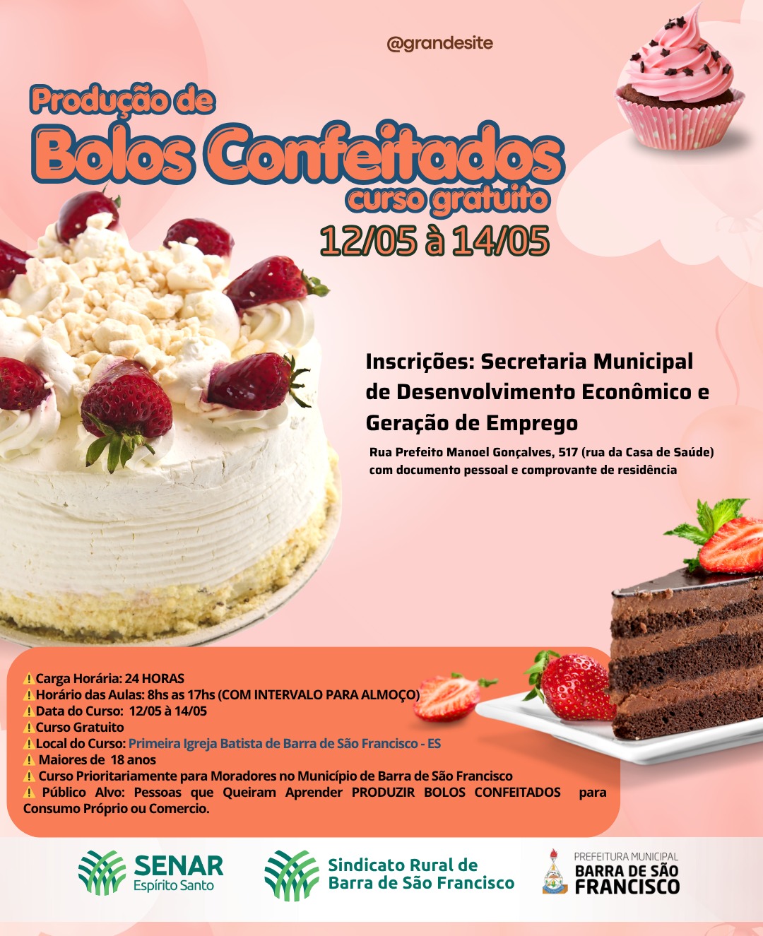 Prefeitura abre inscrições para curso gratuito de produção de bolos confeitados em Barra de São Francisco
