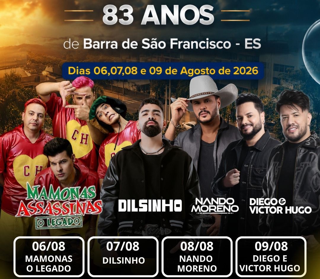 Leia mais sobre o artigo Prefeitura divulga atrações musicais da Festa de 83 anos de Emancipação Política de Barra de São Francisco