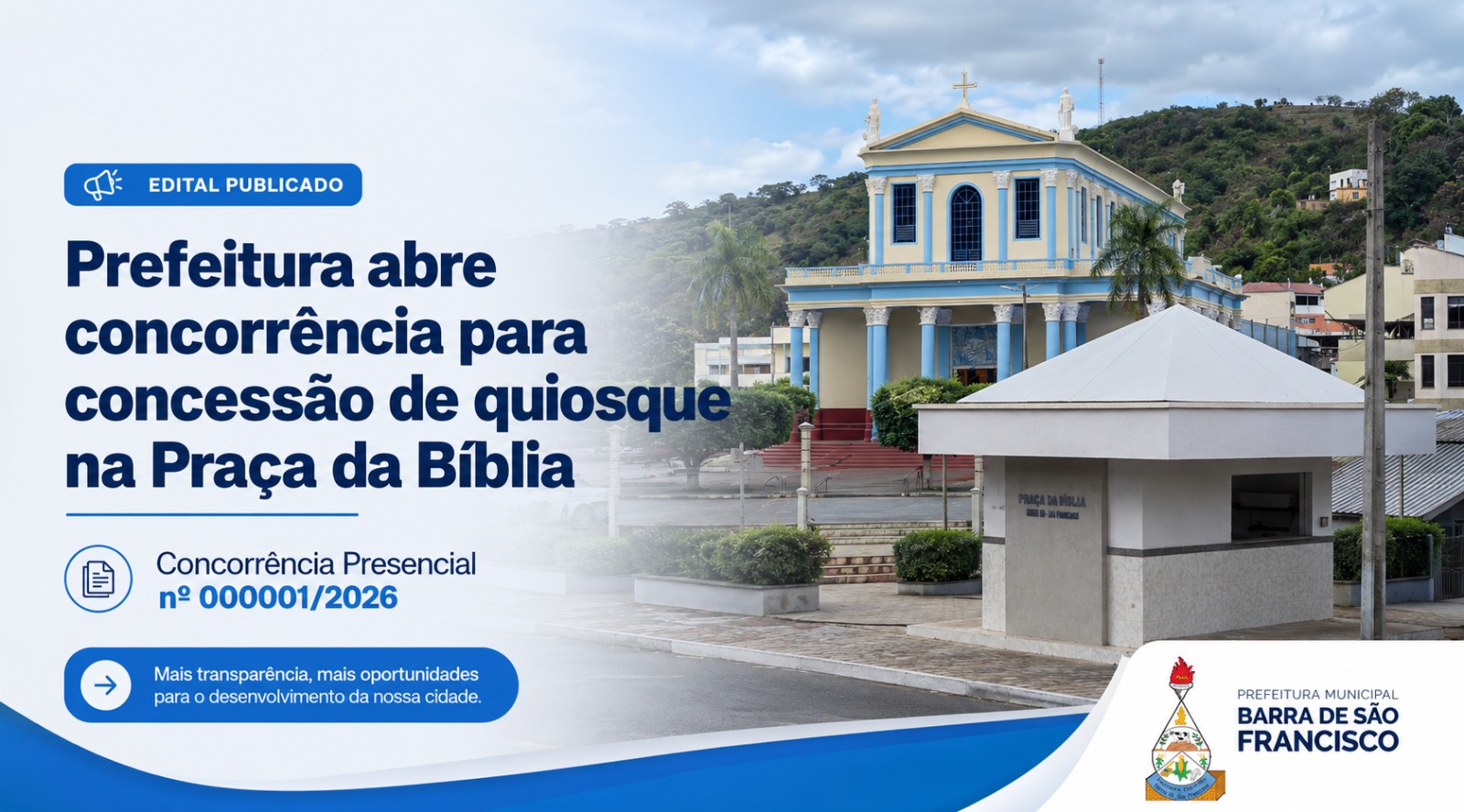 Prefeitura abre concorrência para concessão de quiosque na Praça da Bíblia